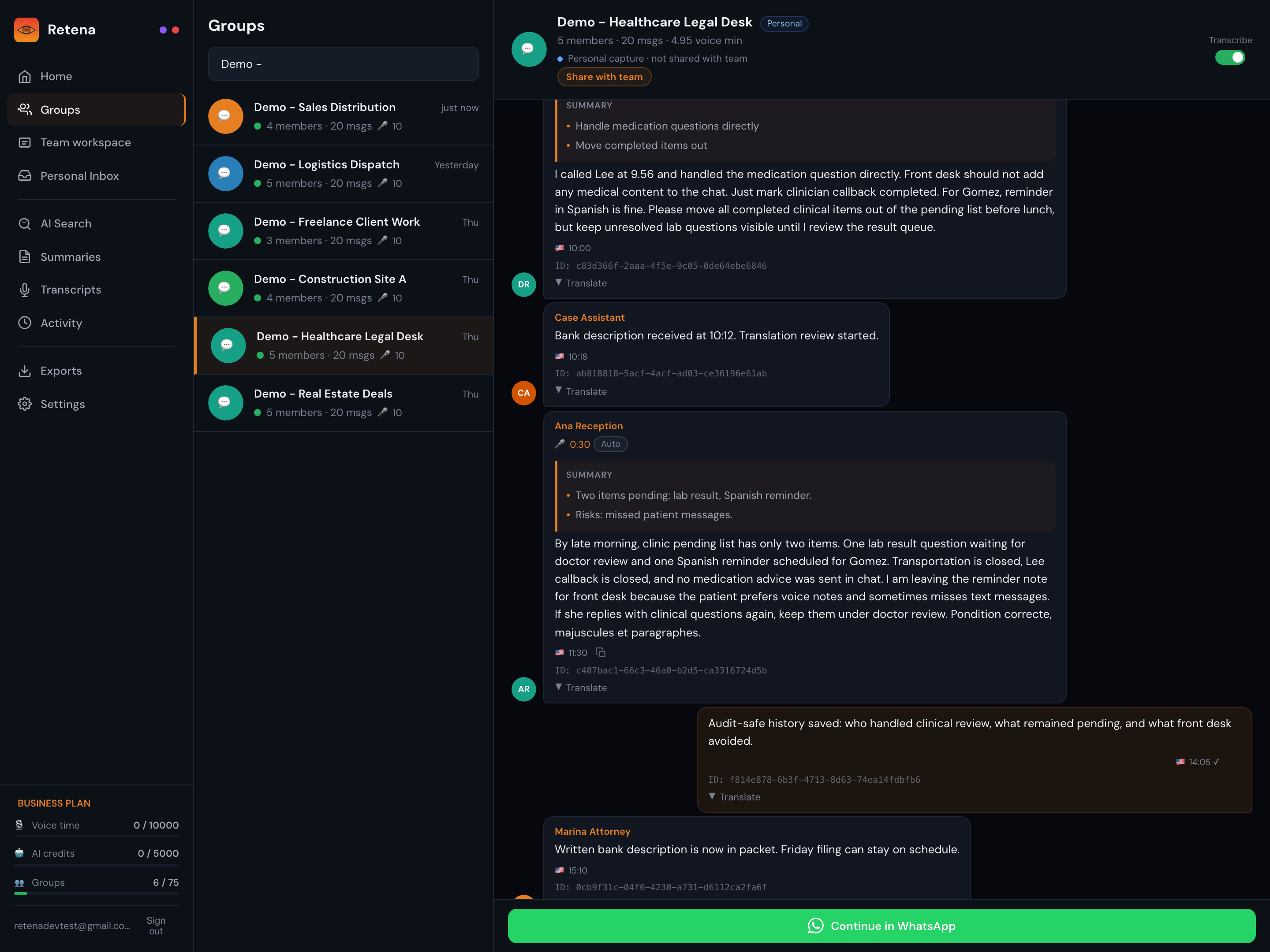 Retena mock screenshot for Healthcare & Legal