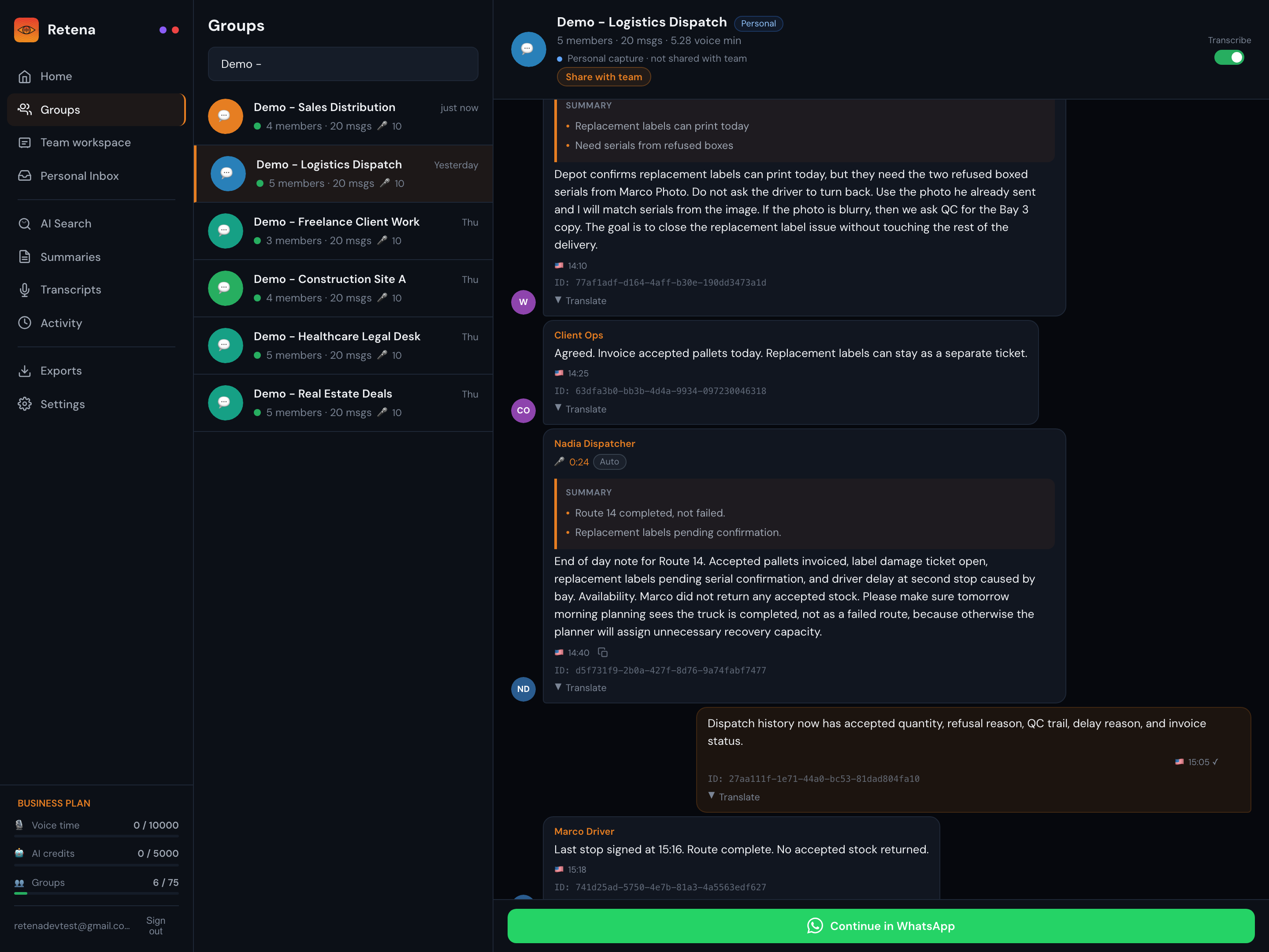 Retena mock screenshot for Logistics & Transport